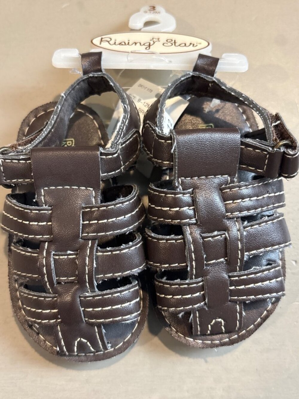 Rising Star Baby Sandals Brown Faux Leather Size 9-12M With Hook & Loop Closure